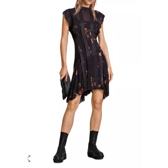 ALLSAINTS Fleur Aurora Dress Size USA 2 Asymmetric hem Cap sleeves Round neck - Picture 1 of 13